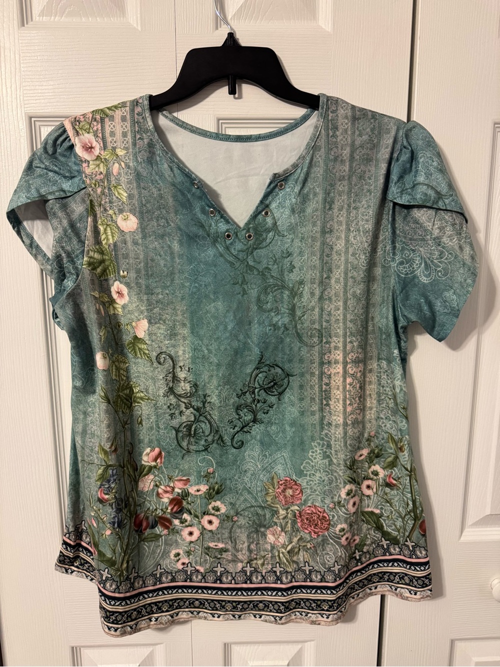 Teal Floral V-Neck Women's Top with Eyelet Detail